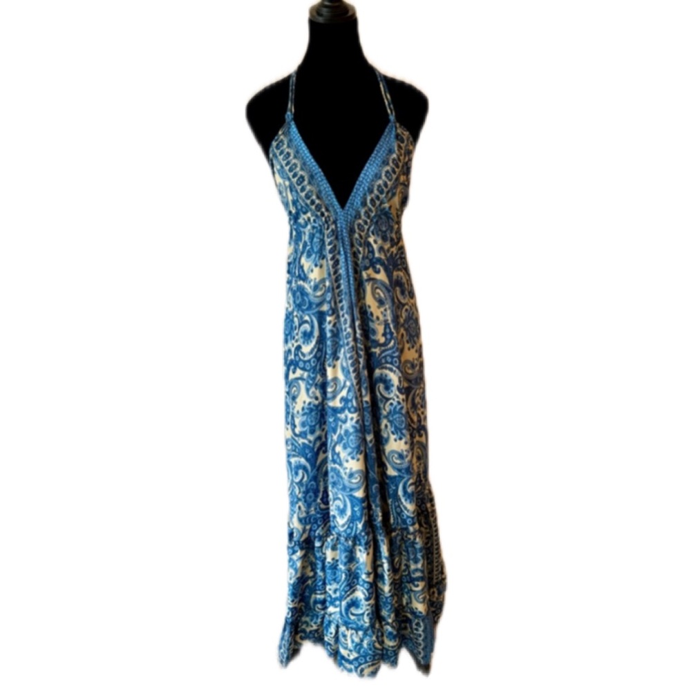 Mamey Ruth Bohemian Paisley Tiered Open Back Halter boho scarf Maxi Dress S